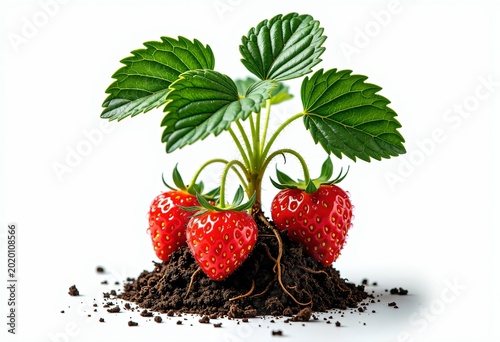 Fresh strawberry plant growing in soil isolated on white background
