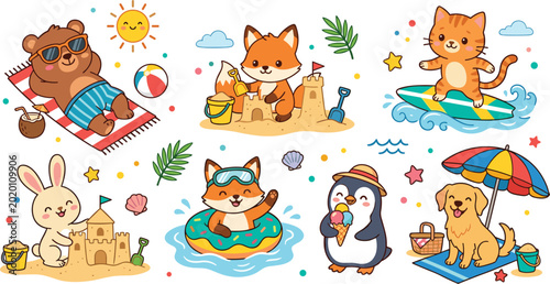 Photography Collection of cute cartoon animals enjoying summer beach activities including su