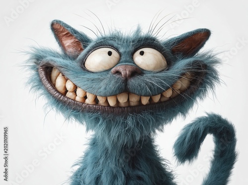 Whimsical blue furry monster character with a wide grin