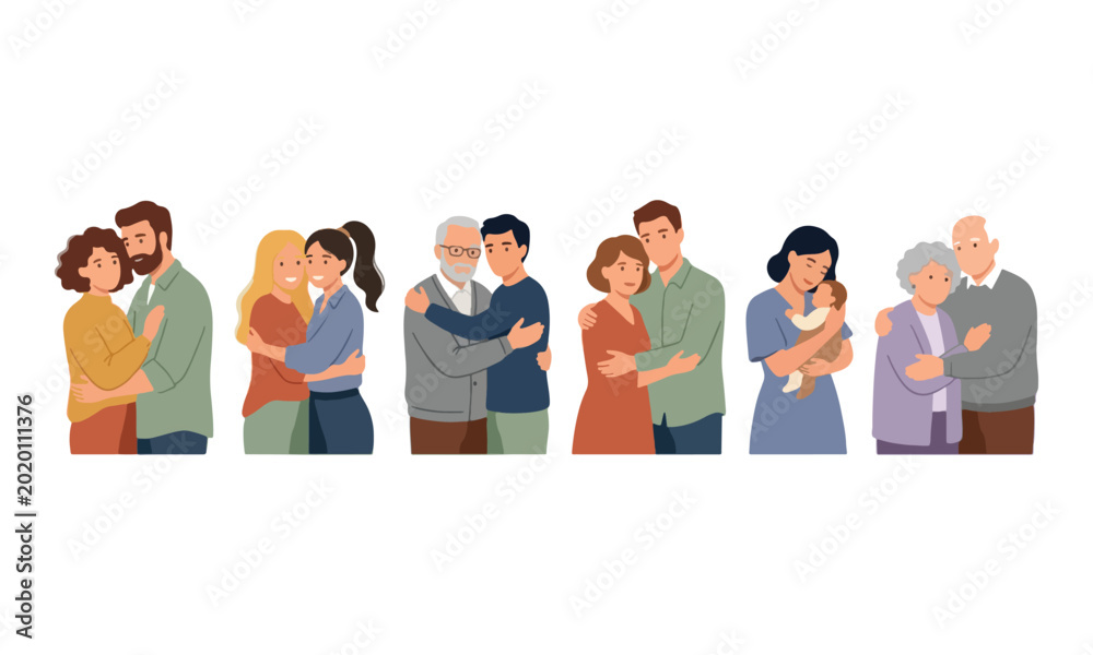 Fototapeta premium Diverse People Embracing and Hugging Vector Illustration Set
