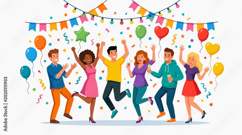 Fototapeta premium A vibrant illustration of a festive group of people joyfully celebrating with balloons and confetti, full of dynamic energy