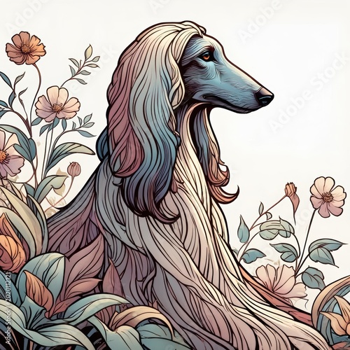 Elegant Afghan Hound in Floral Garden Illustration