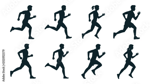 Running People Silhouettes, Men and Women Run Vector Illustration Set