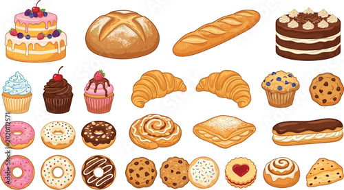 Foto Assorted baked goods vector set with cake cupcake bread croissant and bakery pas