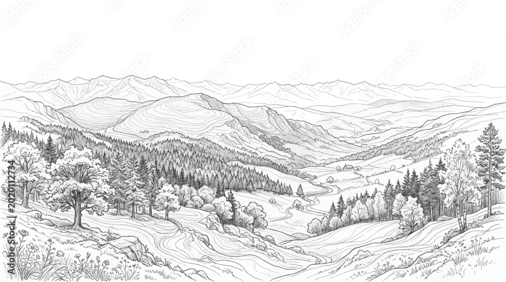 Fototapeta premium Handdrawn landscape illustration featuring rolling mountains, a dense pine forest, and a winding path