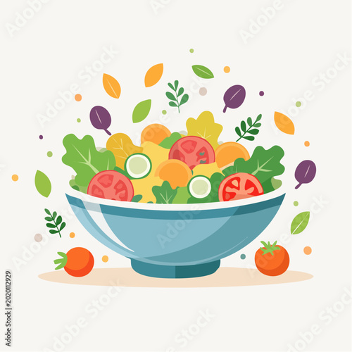 Vibrant Fresh Salad Bowl Illustration with Flying Ingredients