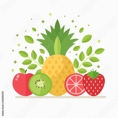Vibrant Assortment of Fresh Fruits with Green Leaves and Sparkles