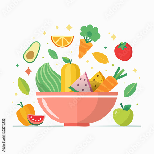Vibrant Fruit and Vegetable Salad Bowl Illustration - Healthy Eating Concept