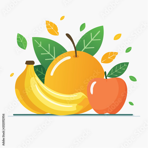 Vibrant Fruit Assortment: Banana, Orange, Apple with Green Leaves