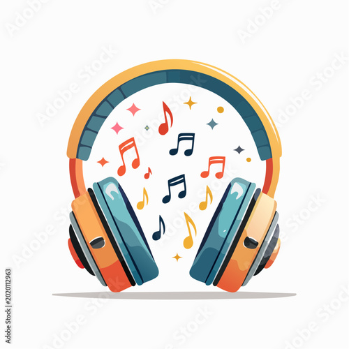 Vibrant Headphones with Musical Notes and Sparkles - Fun Audio Experience