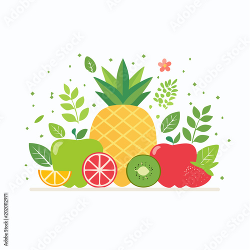 Vibrant Tropical Fruits Assortment with Leaves and Flowers, Healthy Eating Concept