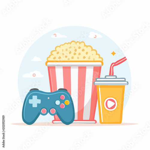Video Game Controller, Popcorn Bucket, and Drink Cup - Entertainment Concept
