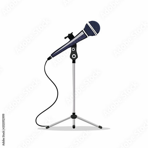 Vintage microphone on stand, retro audio equipment, isolated on white background