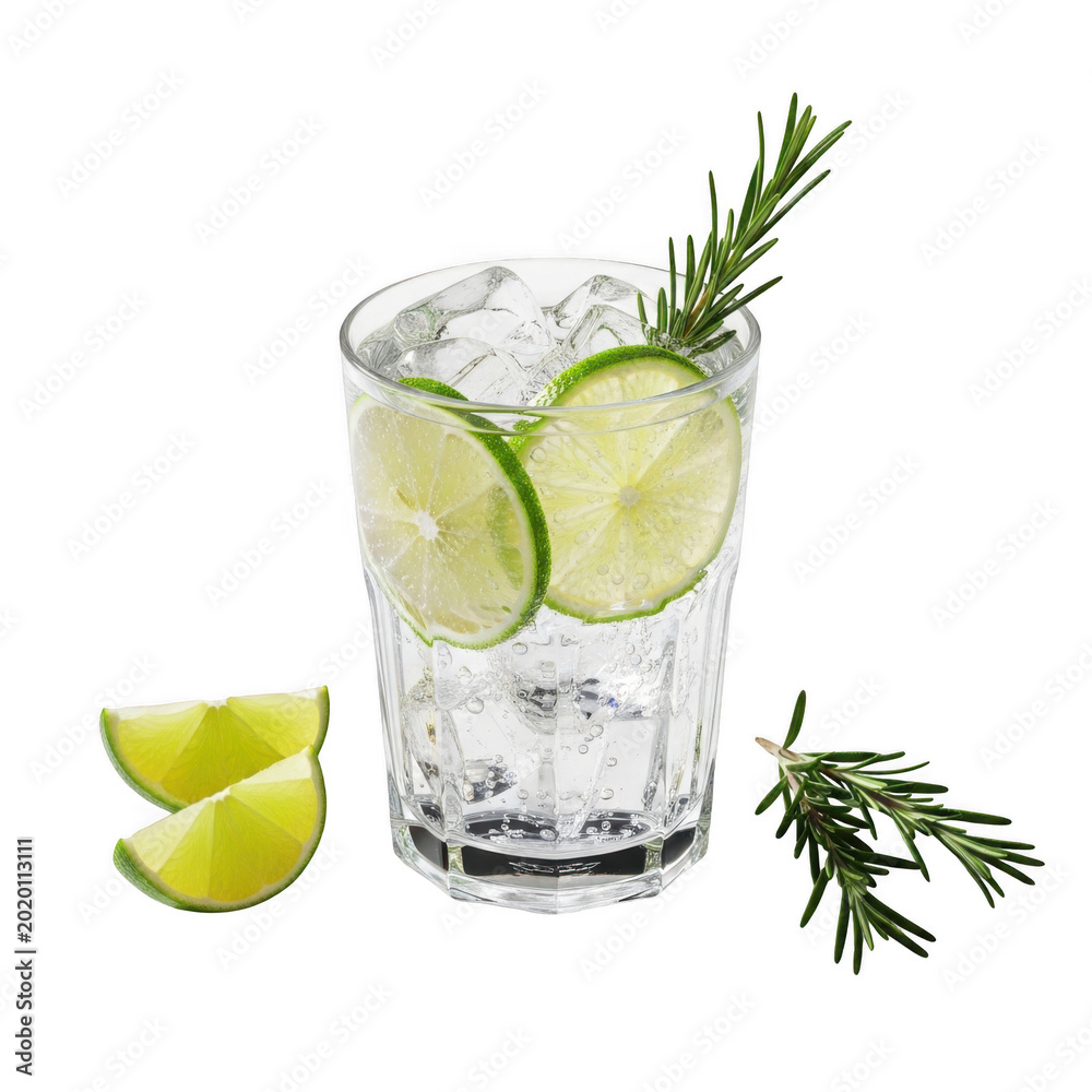 Fototapeta premium Freshly prepared gin and tonic with lime garnish and rosemary sprig