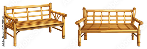 A set of two elegant bamboo garden benches featuring decorative slatted backrests and warm golden wood tones isolated on a white background.