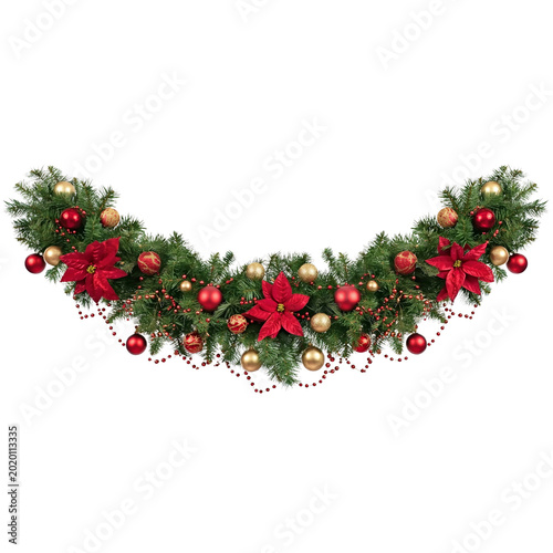 Festive Christmas Garland with Poinsettias and Ornaments isolated on a transparent background