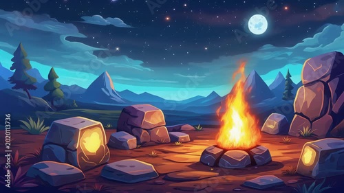 Animated Campfire at Night in Mountain Landscape