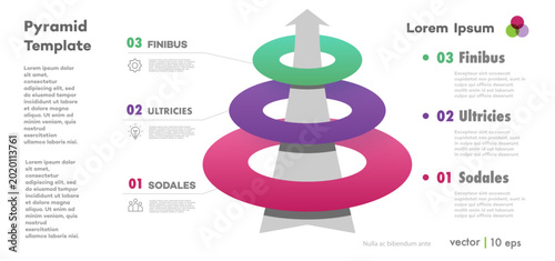 Circle pyramid infographic template 3d isometric 3 level with arrow for start up project, business strategy, banner, presentation, theory basic operation, logic analysis
