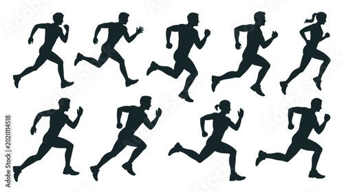 Running People Silhouettes, Men and Women Run Vector Illustration Set