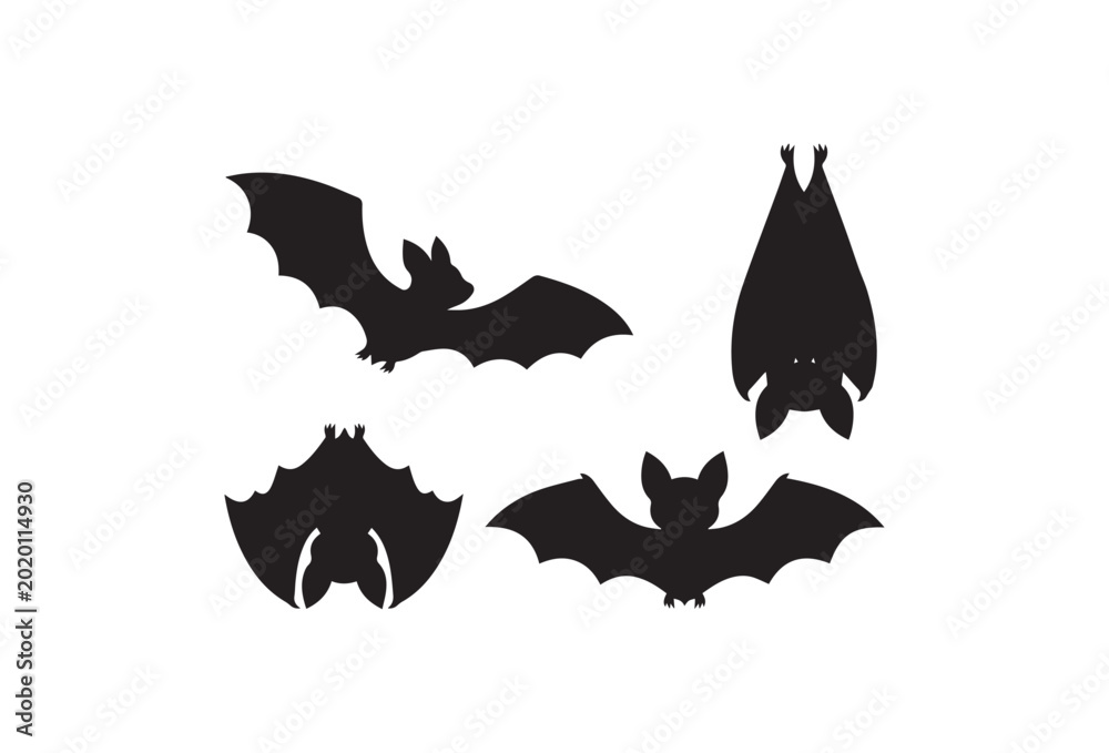 Fototapeta premium Black bat silhouettes, Halloween icons, flying bats, spooky symbols, vector graphics
