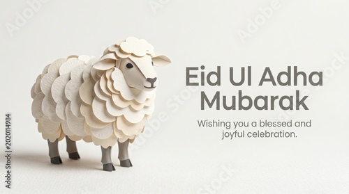Eid Ul Adha Mubarak greeting card, paper craft sheep on white background, Islamic holiday celebration with blessed and joyful message