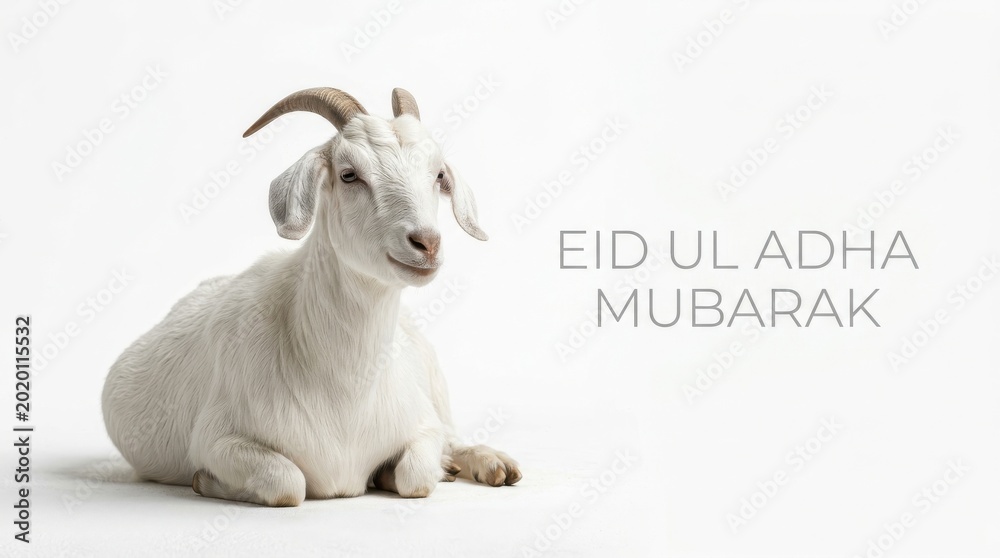 Fototapeta premium Eid Ul Adha Mubarak greeting card with white goat, sacrificial animal for Islamic festival, religious celebration banner on white background