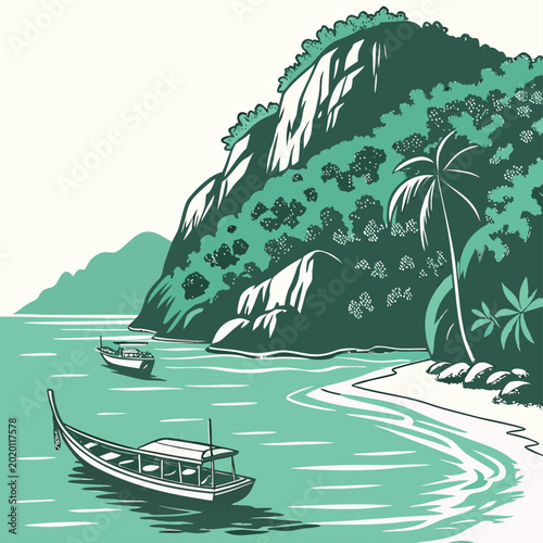 Принти на полотні tropical cove illustration with boats and palm trees on a beach