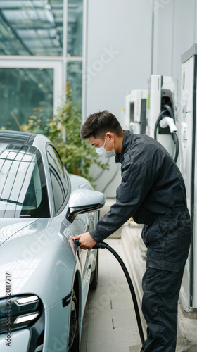 Young man in protective mask charges modern electric car at eco friendly charging station in urban environment. Sustainable transportation and green technology concept for future mobility