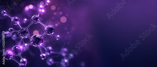 Molecule molecular structure chemistry science purple abstract background molecular network with glowing spheres and bokeh, futuristic