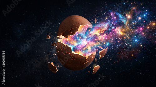 Egg cracking open releasing colorful nebula and stars, surreal cosmic birth concept, whimsical creation metaphor, creative advertising visual, dreamlike universe emergence