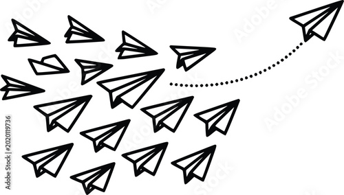 Schilderij op canvas Paper airplane concept showing leadership and innovation with one plane flying i