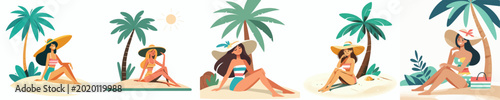 vector of a woman sitting leaning against a coconut tree on the beach
