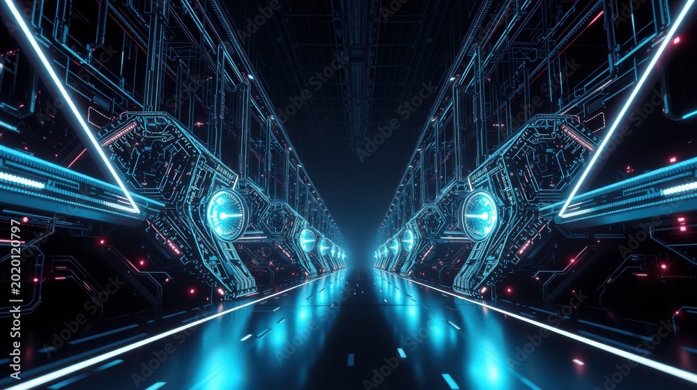 Fototapeta premium Futuristic tunnel, glowing blue lines, digital patterns. Dark background emphasizes bright technology, creating immersive space.
