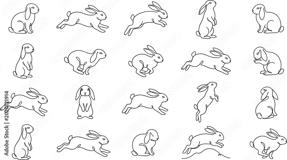 Fototapeta premium Rabbit Outline Collection with Cute Bunny Poses and Jumping Animal Line Art Vector Illustration Style