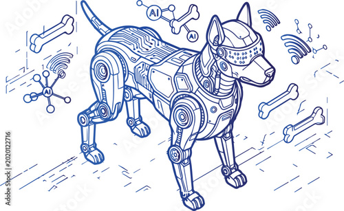 Isometric robot dog coloring page with AI network icons and bones