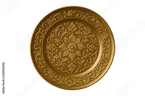 Luxury antique golden decorative plate with intricate floral carvings Isolated on a Transparent Background