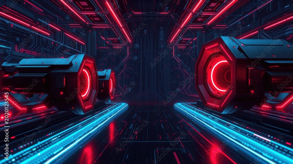 Fototapeta premium Futuristic corridor. Red lights illuminate sleek vehicles. Blue lines create dynamic perspective, suggesting speed. Dark metallic surfaces dominate scene.