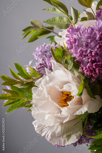 Spring Bouquet with White Peony and Purple Lilac