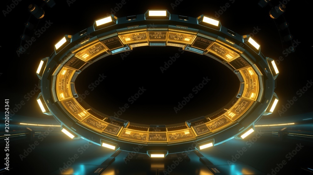 Fototapeta premium Futuristic circular structure glows with warm lights. Dark background emphasizes complex metallic design, creating dramatic effect.