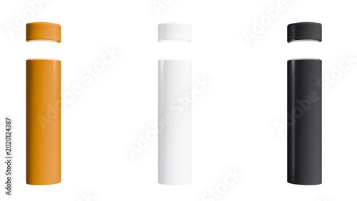 3D render of three cylindrical outdoor bollard lights in orange, white, and black, glowing at top section, isolated on transparent background, modern urban lighting design element.