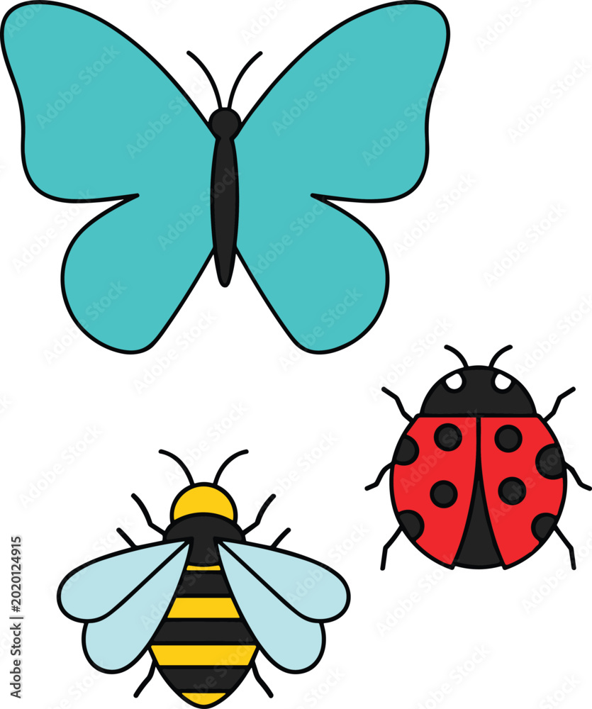 Fototapeta premium Cute Insect Illustration Set with Butterfly, Bee, and Ladybug for Nature Education, Kids Designs, and Wildlife Concepts