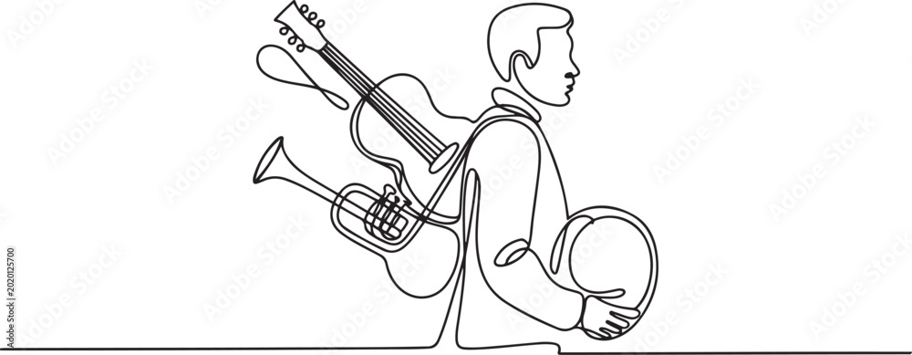 Fototapeta premium continuous line drawing of a man with various musical instruments on his back. one line icon drawing vector