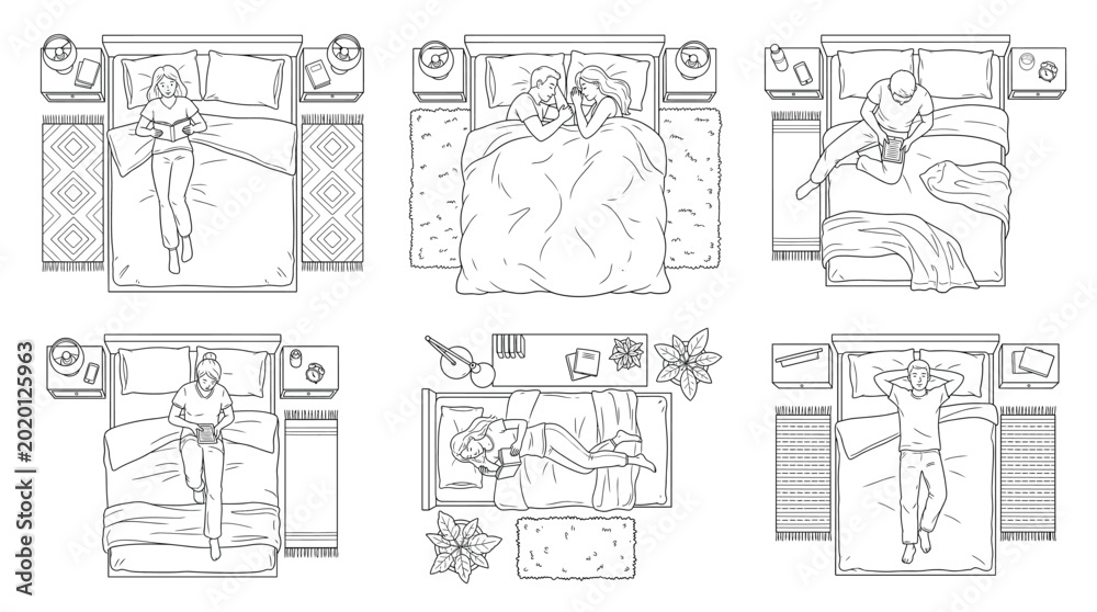Obraz premium Top view of people resting and reading in bed, line art illustration