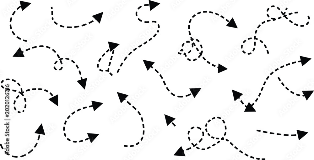 Konstfotografi Curved dashed arrow path set, hand drawn direction pointers, navigation flow ele