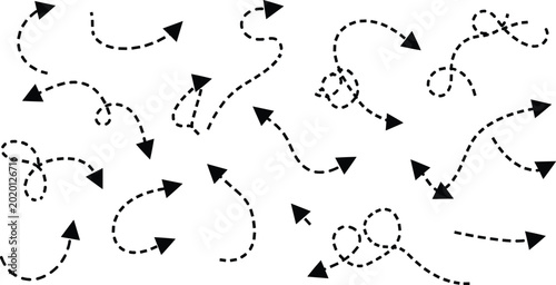 Konstfotografi Curved dashed arrow path set, hand drawn direction pointers, navigation flow ele