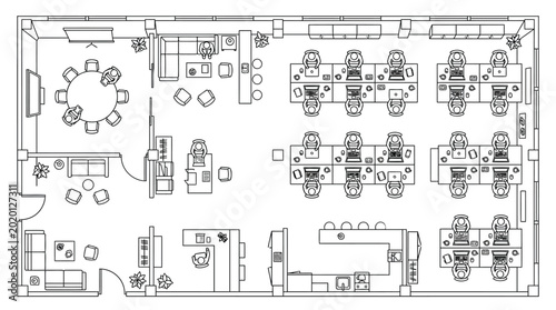Top view of a modern office floor plan with workstations, meeting room, lounge area and kitchen