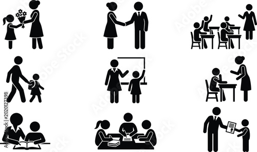 Foto Black and white icons depicting various educational and parental interactions