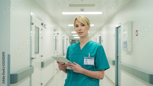 Nurse in hospital corridor with tablet