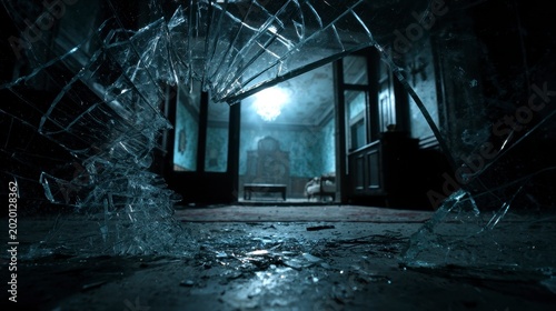 A dark interior scene viewed through shattered glass. A room's ornate details suggest age and mystery, with muted colors and a central light