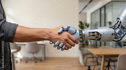 Human and robot handshake in a modern office partnership concept